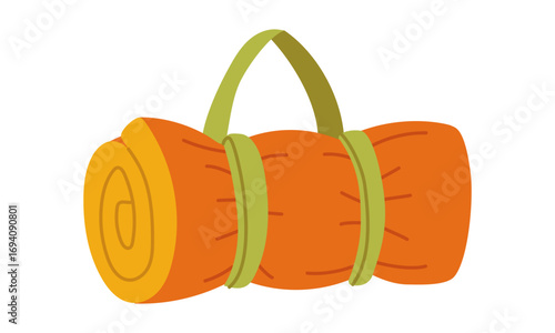 Rolled-up blanket tied with rubber band and handle. Flat colored isolated illustration. necessary item for camping. Soft, fluffy fabric blanket for tent. Design for postcards. Picnics, hikes, camping