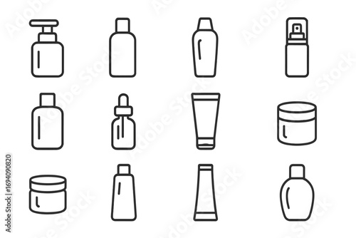 Cosmetic bottle line icon set. Skincare beauty product packaging. Editable stroke vector outline symbols for UI. Cream tube, lotion dispenser, spray, dropper, jar pictogram.