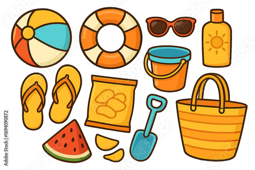 Summer beach day essentials set. Vector cartoon collection of holiday items for fun vacation activities. Includes beach bag, ball, lifebuoy, sunscreen, and snacks.