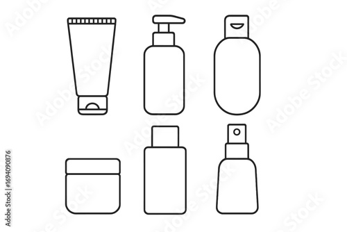 Cosmetic container outline icon set. Vector linear collection of beauty product packaging. Skincare line art symbols for cream tube, lotion pump, shampoo, spray, jar, dispenser.