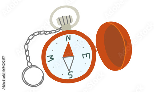 Compass with lid. Flat color isolated illustration. Necessary items for hiking. Navigation. Item on the chain with the lid open, for tracking direction. Design for postcards. Picnics, hiking, camping