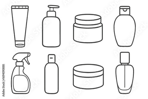 Cosmetic bottle outline icon set. Skincare beauty product packaging collection. Vector line art of shampoo, cream jar, lotion pump, soap dispenser, spray, and perfume.
