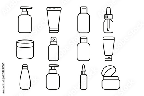 Cosmetic container line icon collection. Skincare and beauty product packaging. Simple outline vector symbols. Isolated bottle, jar, tube, dispenser, pump, spray, dropper.