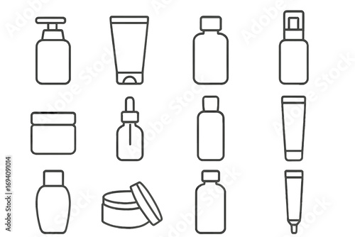 Cosmetic bottle line icon set. Skincare packaging collection. Cream tube, lotion pump, serum dropper, jar. Beauty product container outline symbols. Editable stroke vector.