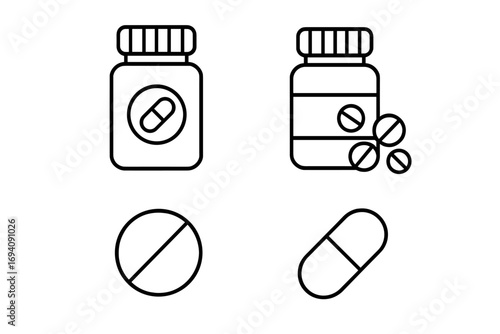 Pill bottle, capsule, tablet, medication thin line icon set. Pharmacy, healthcare, drug store concept symbols. Vector graphic for web, app, UI, UX. Medical icons.
