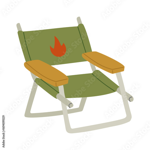 Folding chair with backrest, armrests. Flat color illustration. Camping item. Fabric folding chair made of aluminum tubes. Lightweight chair for nature. Design postcards. Picnics, hikes, camping