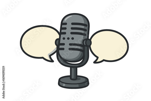 Podcast microphone character with speech bubbles. Interview, dialogue, communication concept. Retro mic for broadcast, radio, streaming. Voice recording, public speaking icon.