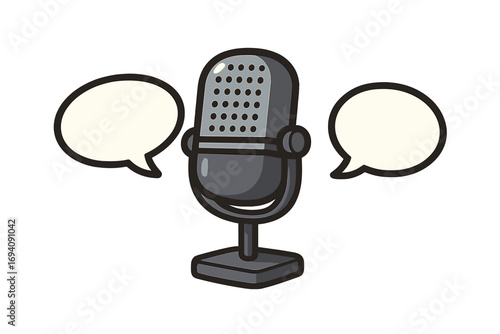 Podcast microphone with speech bubbles vector. Interview, talk show concept. Communication, dialogue, broadcasting icon. Retro cartoon illustration for web, ads, posts.