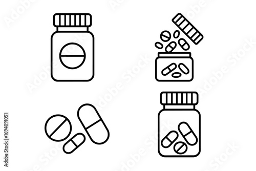 Pills and capsules icon set. Medicine bottle, tablets, and medication pack. Thin line vector icons with editable stroke for healthcare, pharmacy, and medical app design.