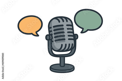 Retro microphone with speech bubbles vector icon. Concept for podcast, interview, dialogue, broadcast. Communication, voice recording, public speaking cartoon illustration.