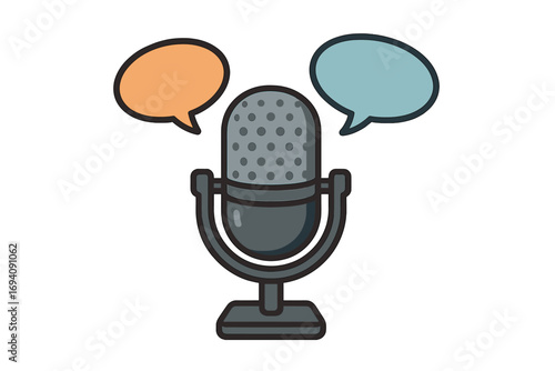 Podcast microphone vector icon with speech bubbles. Concept for interview, debate, or dialogue. Communication, conversation, and broadcast symbol for web and ads. Chat icon.