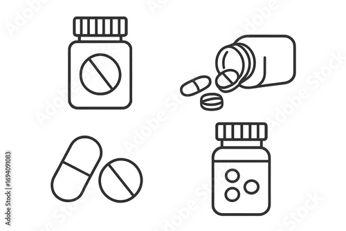 Pills bottle and tablets line icon set. Medicine, pharmacy, and healthcare concept. Drug prescription, treatment, and addiction vector symbols. Editable stroke outline icons.