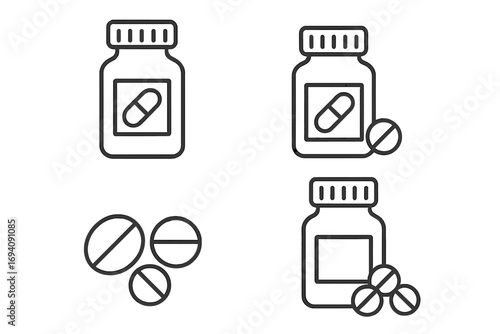 Pill bottle icon set. Medicine, pharmacy, healthcare concept. Editable stroke vector illustration for web, apps. Drug, tablet, capsule, vitamin, supplement, painkiller symbols.