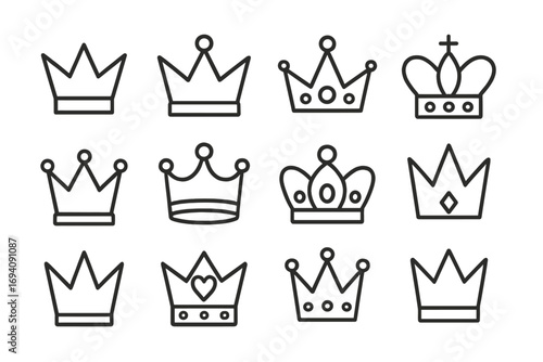 Crown line icon collection. Royal king, queen, prince symbol set. Luxury heraldic logo element. Monarchy, power, winner sign. Vector outline majestic illustration.