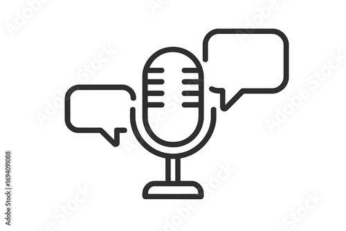 Podcast microphone icon with speech bubbles. Vector illustration for interview, broadcast, and communication concepts. Symbol for audio recording, voice chat, and discussion.