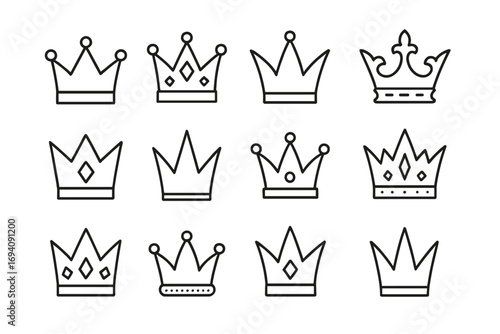 Crown line icon set. Royal king, queen, prince, and princess tiara collection. Luxury, jewelry, power and monarchy symbols. Outline vector icons for web, logo, and game design.
