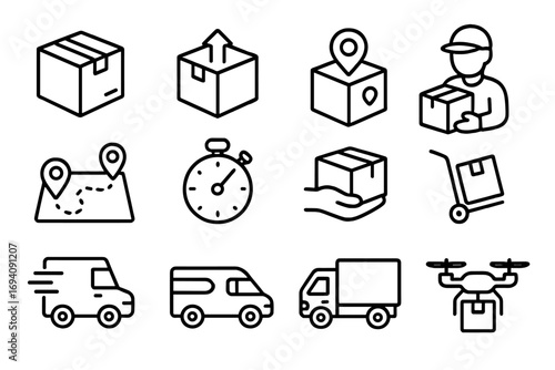 Delivery and logistics line icon set. Shipping service, package tracking, courier and transportation symbols. Vector outline pictograms for e-commerce, web and mobile apps.