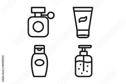 Cosmetics and beauty product line icon set. Perfume, cream tube, shampoo bottle, and liquid soap dispenser. Skincare and hygiene symbols for web and app design. Vector illustration.