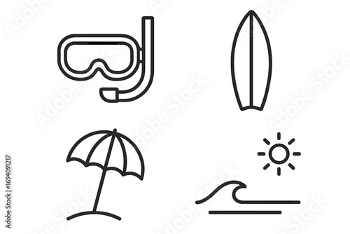 Beach life and summer vacation line icons. Vector set with diving mask, snorkel, surfboard, sunshade, wave, and sun. Thin outline symbols for travel, surf, and holiday design.