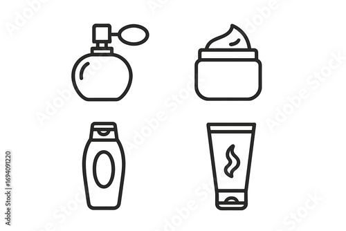 Set of cosmetic and beauty product line icons. Perfume, cream, shampoo, and gel in a modern outline style. Vector symbols for skincare, hygiene, and web design.