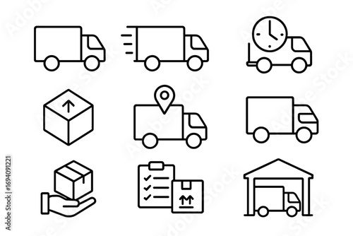 Logistics and delivery service thin line icon set. Vector symbols for shipping, transport, e-commerce, and package tracking. Editable stroke truck and box icons for web.