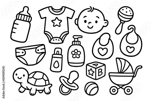 Cute baby essentials doodle set. Newborn icons for baby shower and new parents. Vector line art of bottle, diaper, stroller, toys, and clothes for childcare concept.
