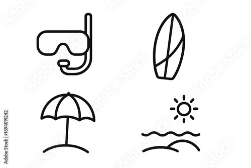 Beach vacation and summer sports line icon set. Simple outline vector symbols including diving mask, surfboard, sun umbrella, sea, and waves. Minimalist pictograms for web.
