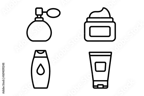 Set of beauty and skincare icons. Perfume spray, face cream jar, shampoo bottle, and gel tube. Modern outline style vector pictogram for cosmetics, toiletries, personal care.