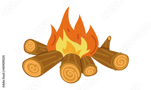 Campfire made of wood. flat colored isolated illustration. An essential item for camping. Round logs are burning in fire. Cozy atmosphere. Campfire, fire. Design for postcards. Picnics, hikes, camping