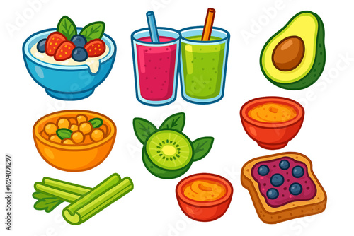 Healthy food and snacks icon set. Cartoon vector collection of nutritious meals and drinks. Smoothie, avocado, oatmeal, toast with jam, celery, chickpeas, kiwi, fruit, dip. Vegan diet concept.