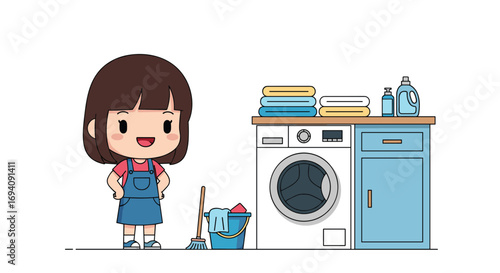 Cute cartoon girl in overalls with cleaning supplies and laundry room equipment illustration