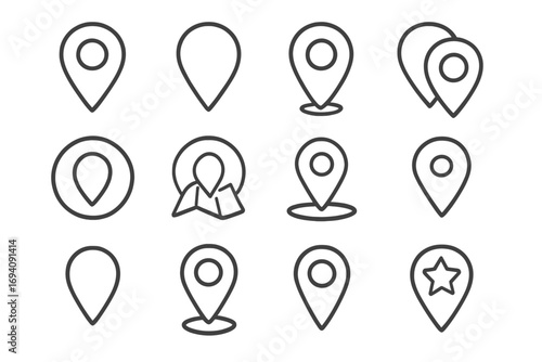 Map pin line icon set. Location pointer, navigation marker, and GPS destination signs. Minimalistic outline vector pictograms for web, apps, UI, and UX graphic design.