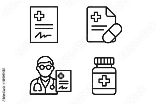 Medical prescription line icon set. Concepts of doctor, pharmacy, healthcare, and medicine. Includes pill, bottle, rx symbols. Editable stroke vector for UI, web, and app.