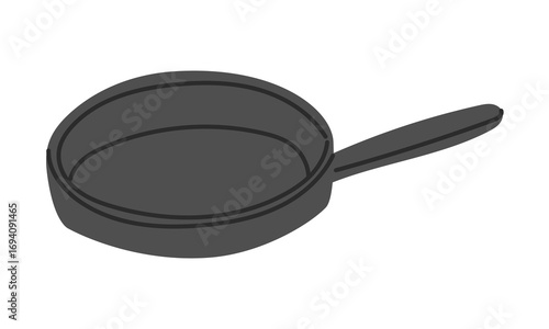 Cast iron frying pan. Flat colored isolated illustration. Camping utensils. Gray thick frying pan with a long handle for cooking over a campfire. Design for postcards. Picnics, hikes, camping
