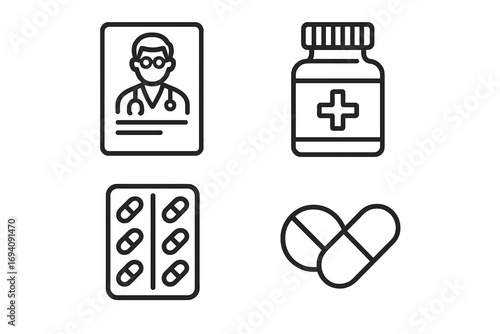 Medical and healthcare icon set. Doctor prescription, medicine bottle, pills, and blister pack. Pharmacy, drug store, and treatment concept. Outline vector icons for web, UI, app.