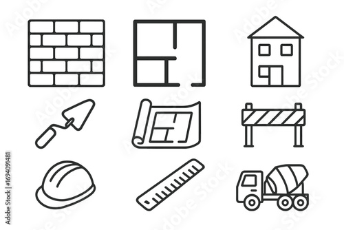 Construction line icon set. Building, architecture, and engineering signs. Home repair, renovation vector collection. Brick wall, floor plan, blueprint, hard hat, cement truck.