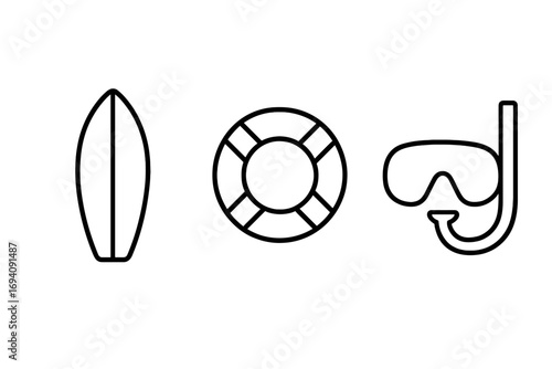 Summer vacation and water sports line icon set. Includes surfboard, lifebuoy, and diving mask. Minimal vector pictograms for beach, travel, and water safety concepts.