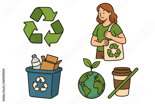 Recycling and sustainability concept. Eco-friendly icons for zero waste lifestyle. Go green and environmental protection. Vector illustration set for earth day awareness.