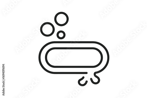 Soap bar line icon with bubbles. Concept of hygiene, cleanliness, and personal care. Washing hands symbol for sanitary and skincare products. Minimalist outline vector illustration.