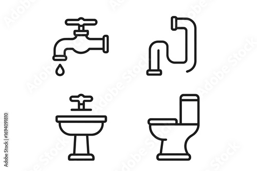 Plumbing service line icon set. Faucet, pipe, sink, and toilet symbols. Water supply and sanitation concept. Bathroom fixtures minimal outline pictograms for web and apps.