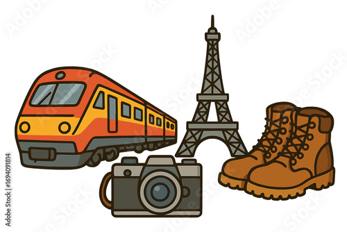 Travel to Paris concept with iconic Eiffel Tower, train, camera, and hiking boots. Vector illustration for tourism, vacation, and adventure. Journey to France elements.