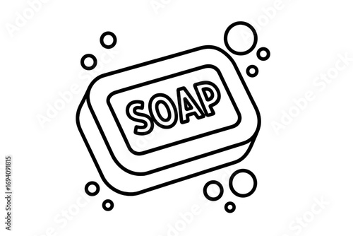 Soap bar outline icon with bubbles. Hygiene, washing, and cleanliness concept. Personal body care and skincare symbol. Simple vector cartoon illustration for disinfection.
