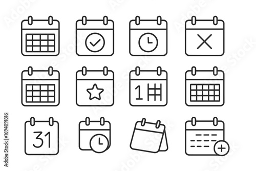 Calendar icon set for web and mobile apps. Schedule, date, event, deadline, appointment vector linear icons. Planner, organizer symbols. Add, check, time, favorite signs.