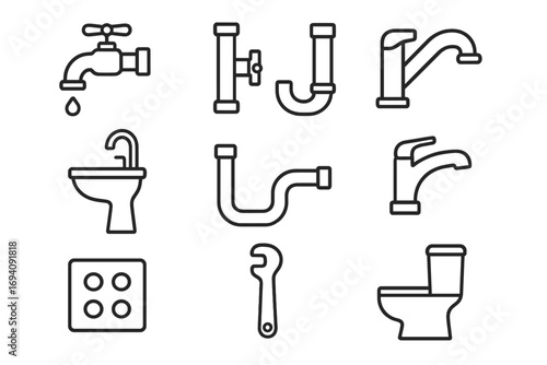 Plumbing service icon set. Line icons of faucet, pipes, bathroom, toilet. Minimalistic linear pictogram for web design. Sanitary engineering vector symbols collection.