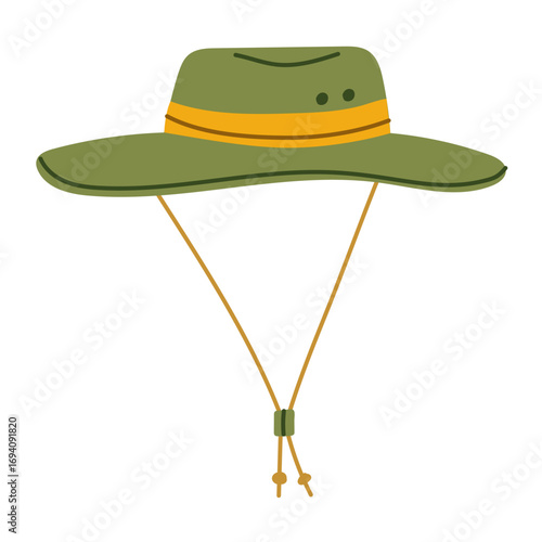 Green hat with brim, panama hat. Flat color isolated illustration. Item for hiking. Hiking hat for sun protection with ties in strong winds. Design for postcards. Picnics, hiking, camping