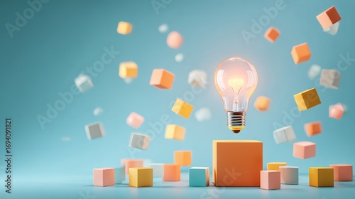 グラデーションの空を背景に浮かぶ幾何学的な形に囲まれた光る電球。