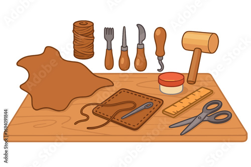 Leather crafting tools for handmade workshop. Leatherwork equipment set with hammer, awl, thread, needle for DIY projects. Vector cartoon illustration of a hobby workspace.
