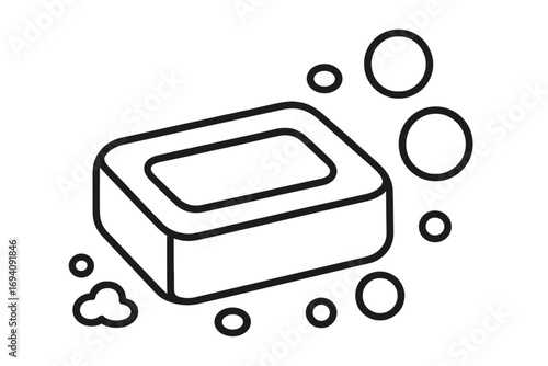 Soap bar with bubbles outline vector icon. Hygiene, cleanliness, and washing concept. Simple line art illustration for skincare, bathroom products, and web design graphic.