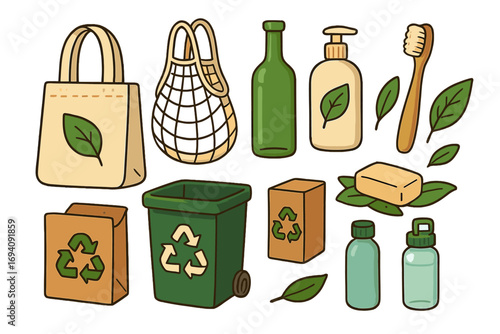 Sustainable living items set. Zero waste lifestyle concept. Eco friendly products for conscious consumption. Reusable bag, bamboo toothbrush, recycling. Vector cartoon graphic.