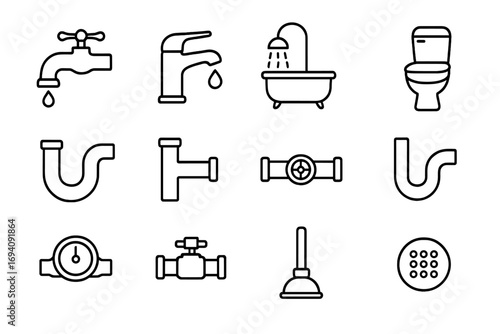 Plumbing service icon set. Bathroom fixtures and sanitary engineering outline icons. Collection of faucet, pipe, toilet, shower, and valve linear pictograms for web design.